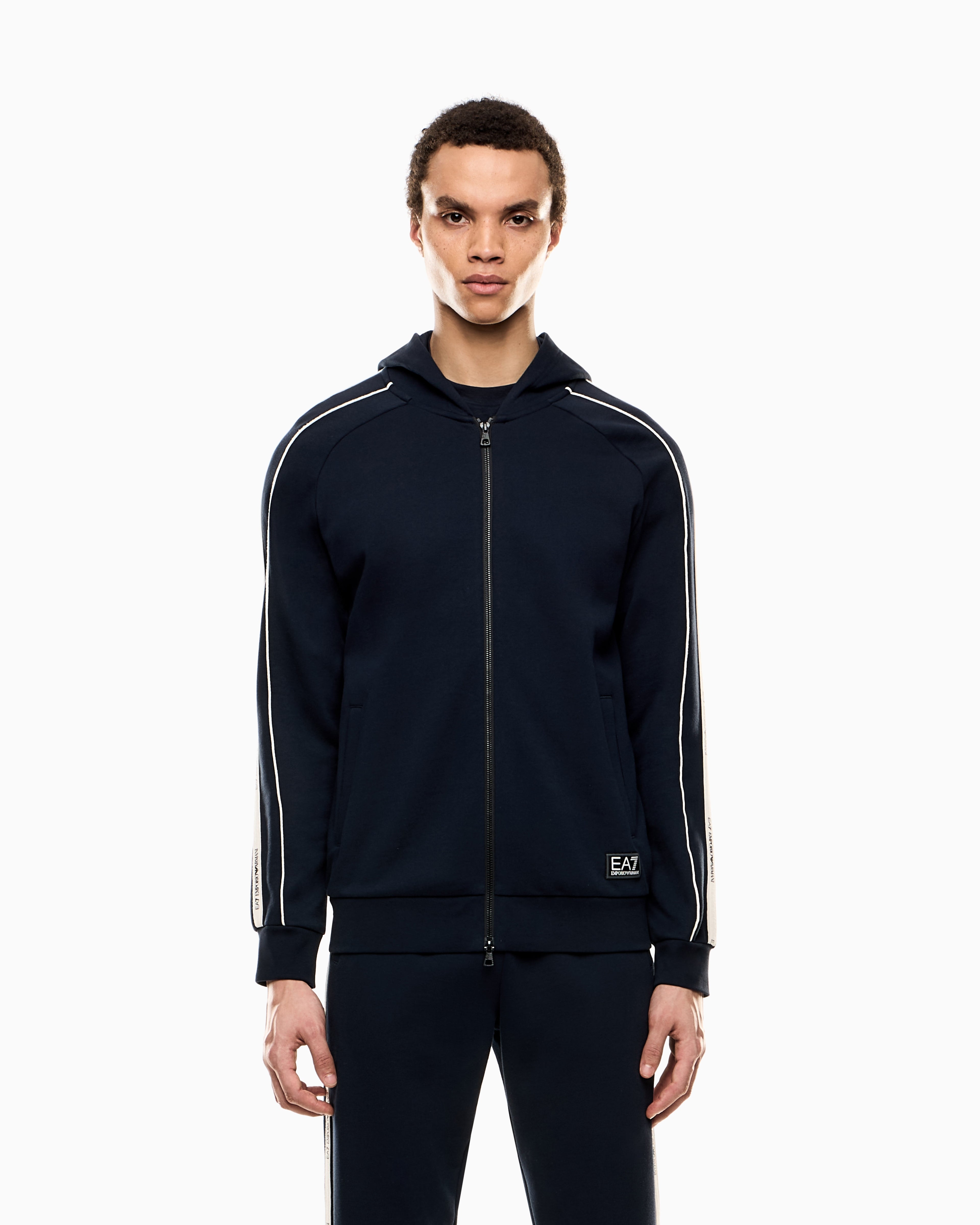 EA7 Logo Series cotton-blend hooded zip-up sweatshirt