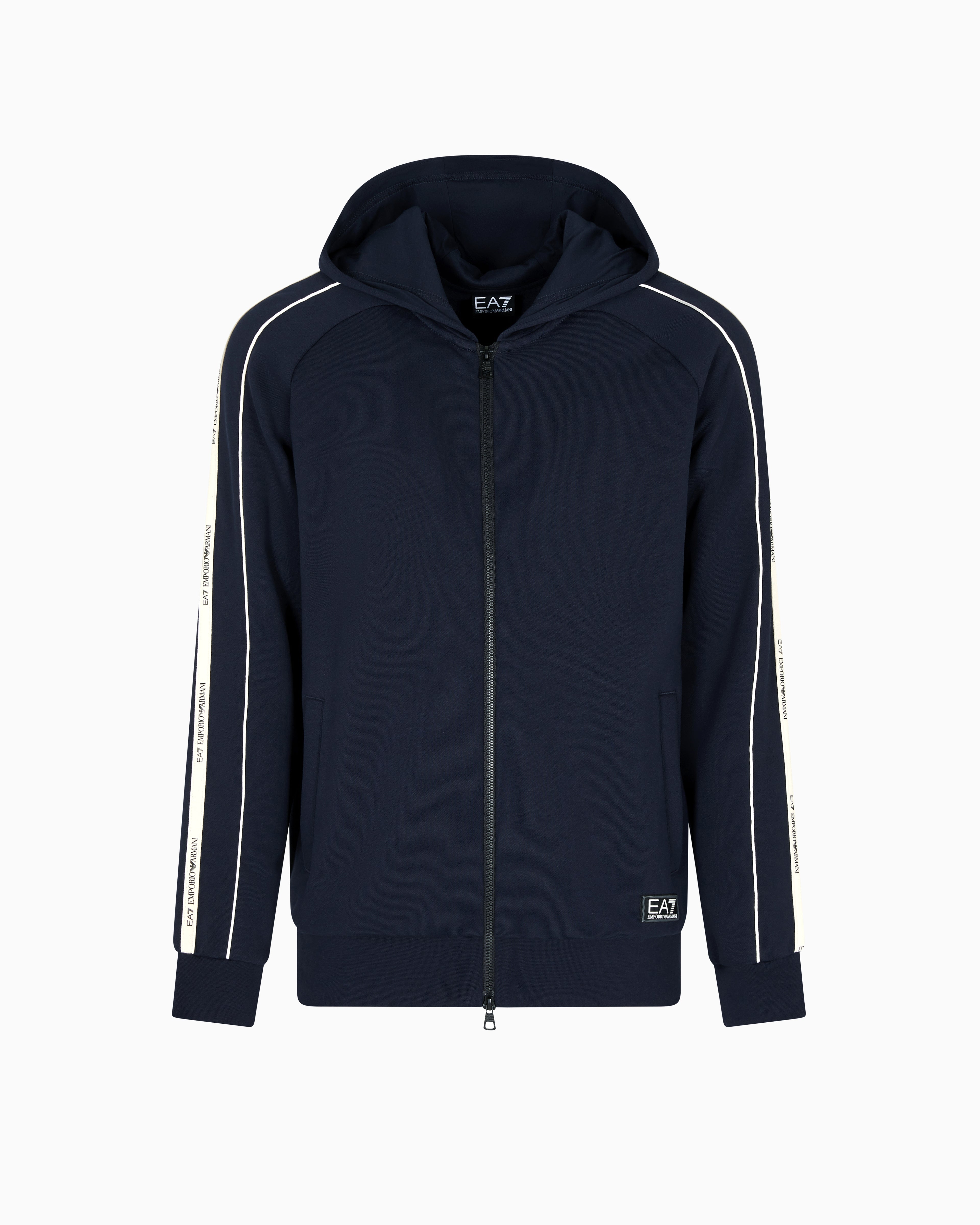 EA7 Logo Series cotton-blend hooded zip-up sweatshirt
