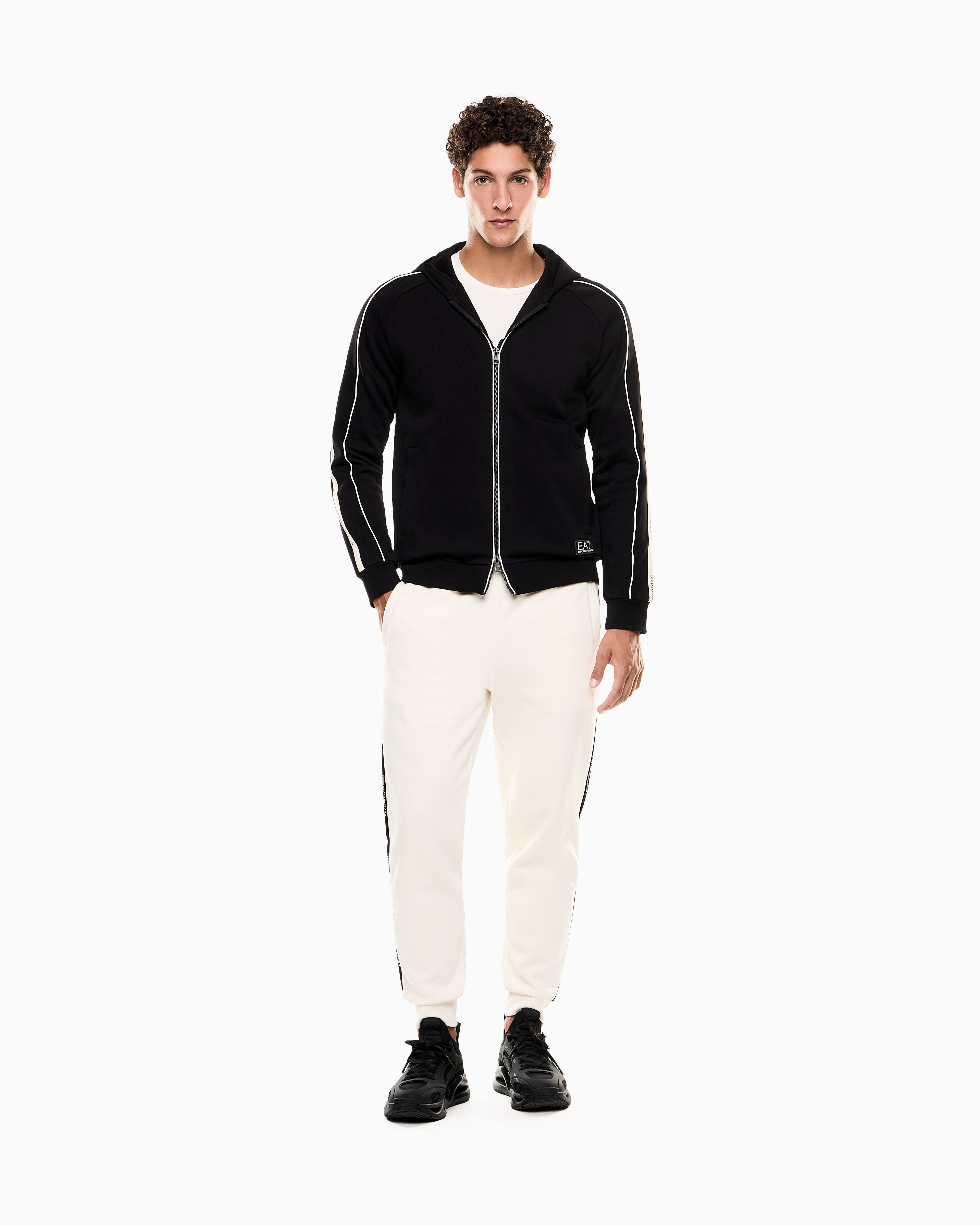 EA7 Logo Series cotton-blend hooded zip-up sweatshirt