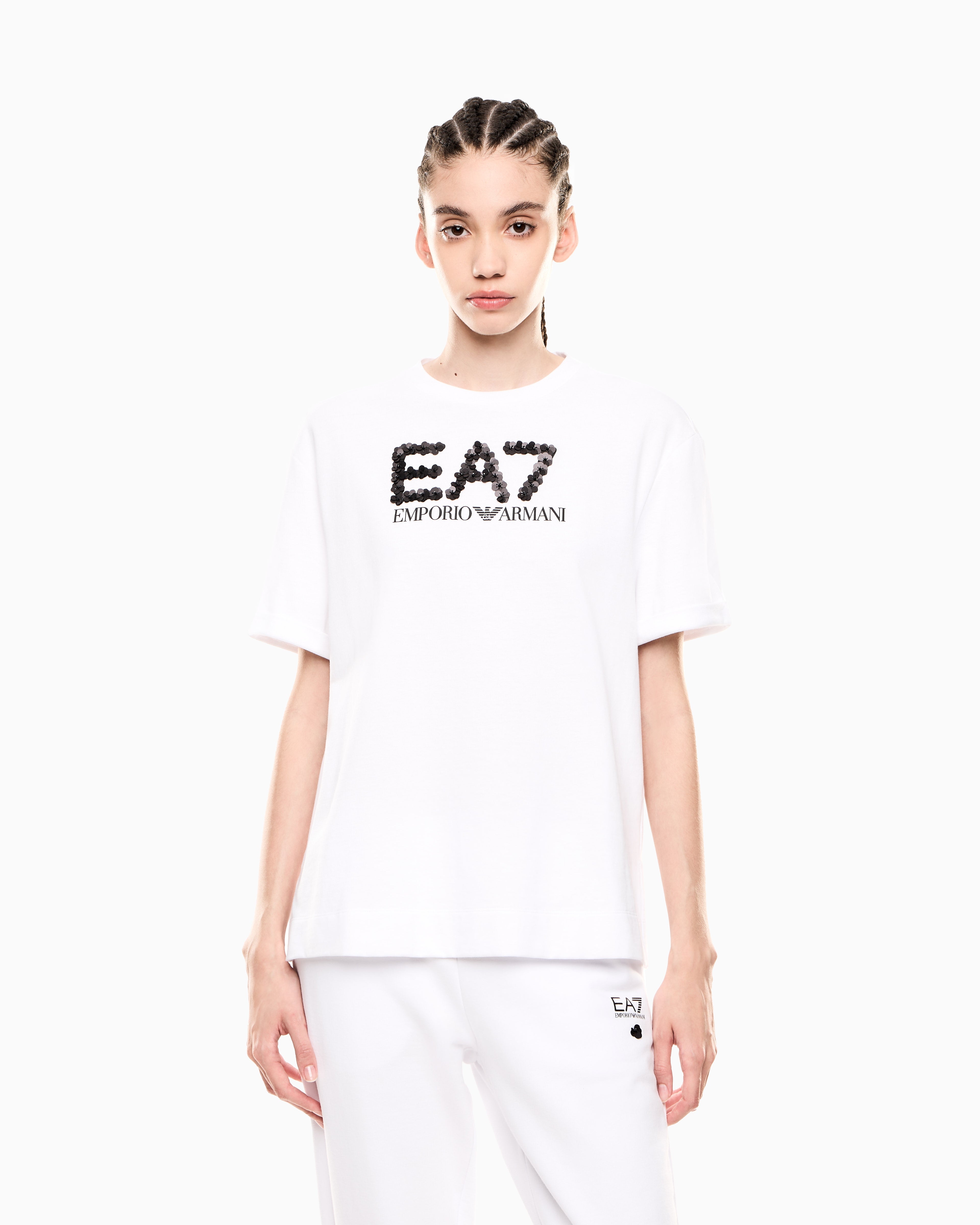 EA7 Logo Series cotton jersey crew-neck T-shirt with sequins