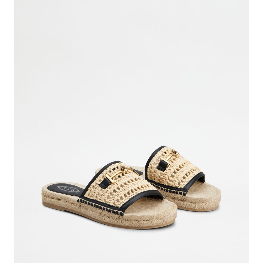 Tods Sandals In Leather And Fabric Black Beige Womens