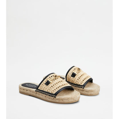 Tods Sandals In Leather And Fabric Black Beige Womens