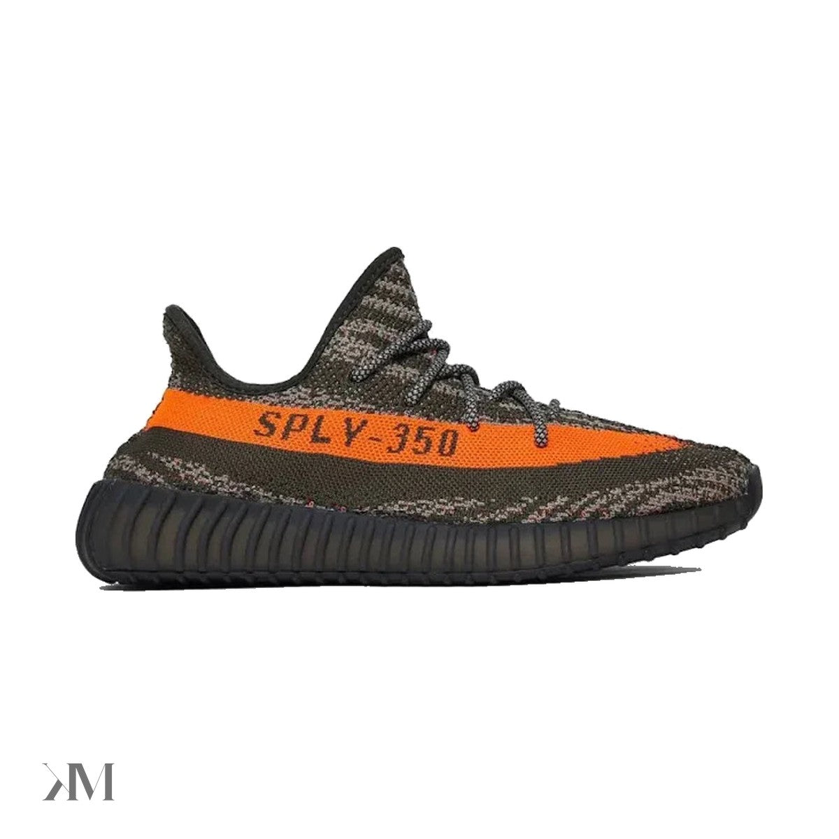 Adidas Yeezy Boost 350 V2 Carbon Beluga dark grey Primeknit with orange SPLY-350 stripe, lateral view