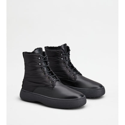 Tods W. G. Lace-Up Ankle Boots In Leather And Fabric Black Mens