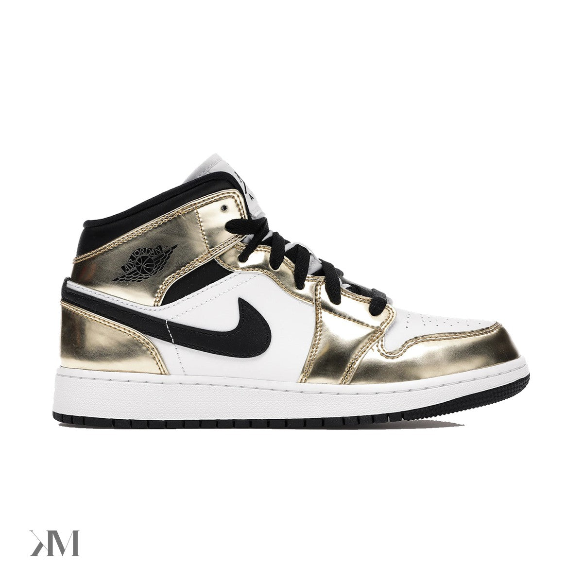 Kids' Jordan 1 Mid Metallic Gold Black White, side profile