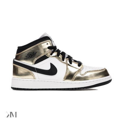 Kids' Jordan 1 Mid Metallic Gold Black White, side profile