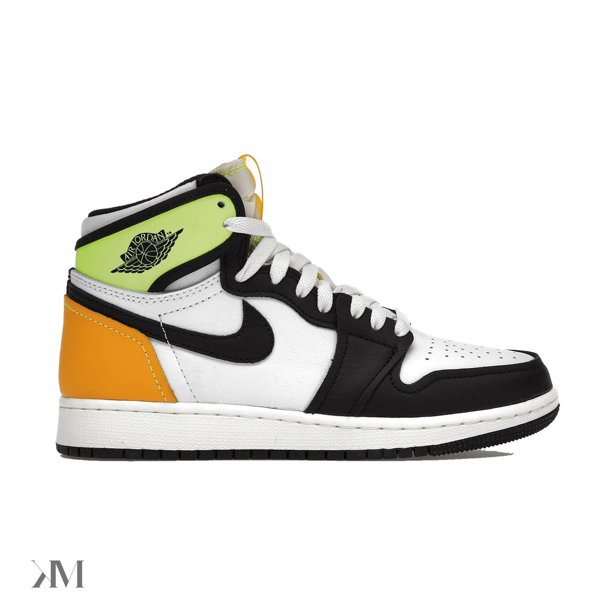 Kids Air Jordan 1 Retro High White Black Volt University Gold, side profile