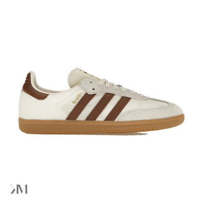 Adidas Samba OG Cream White Preloved Brown showing the suede overlay, 3 Stripes, and gum rubber outsole