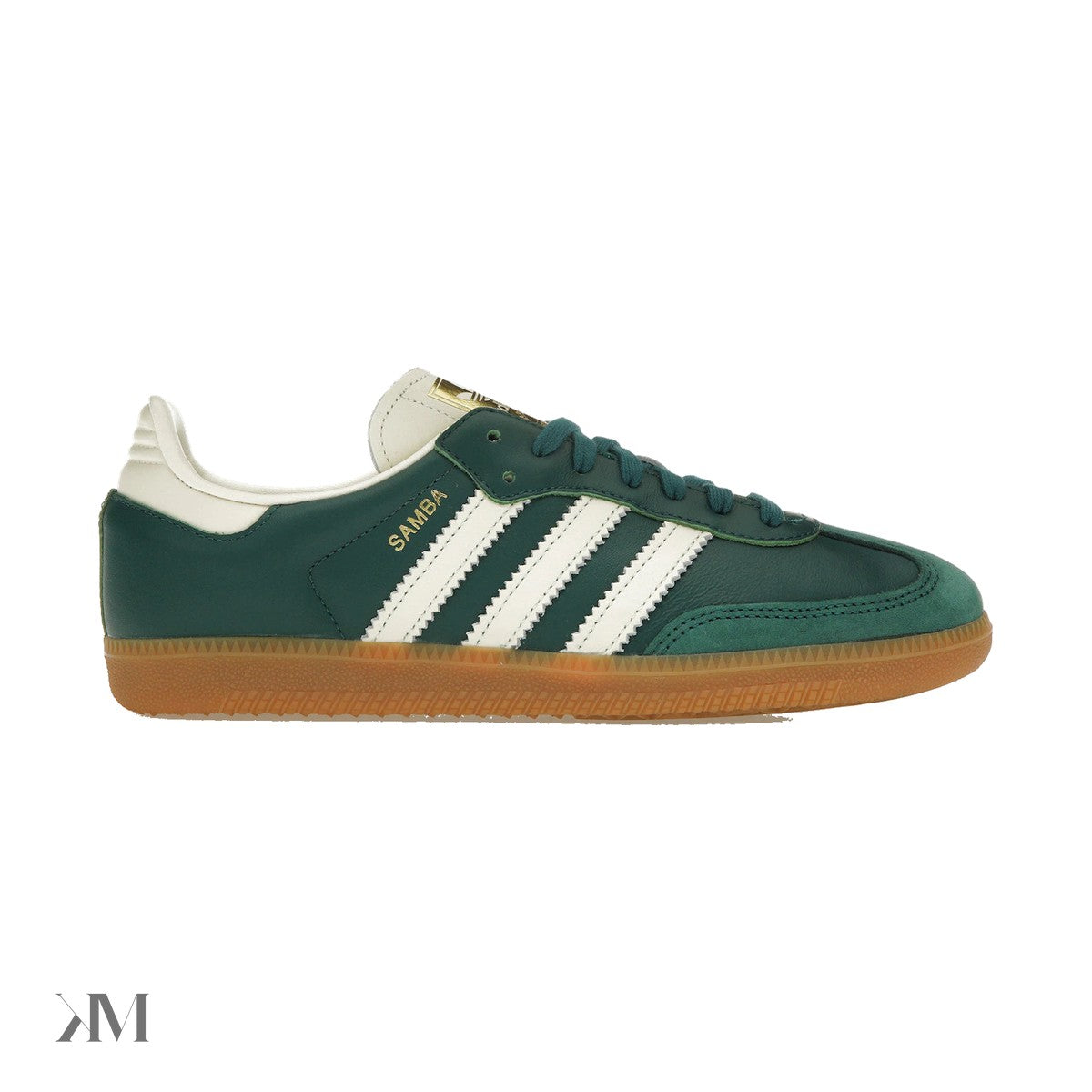 Adidas Samba OG Collegiate Green women's sneaker showing suede overlays and gold foil detailing