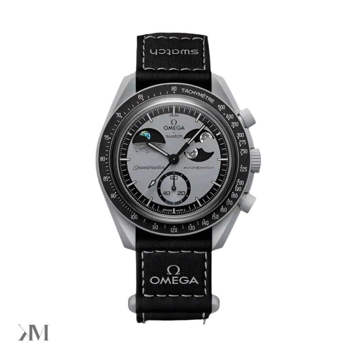 Swatch x Omega Bioceramic Mission to Earthphase watch with moon and earth phase dial