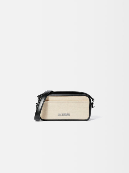 Jacquemus The Baneto Rectangular Bag In Linen And Smooth Leather Light Greige/Black