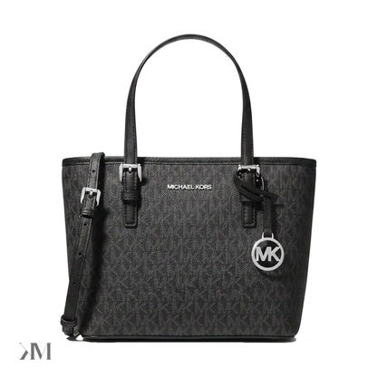 Women's Michael Kors Jet Set Extra-Small Logo Top-Zip Tote Black, front