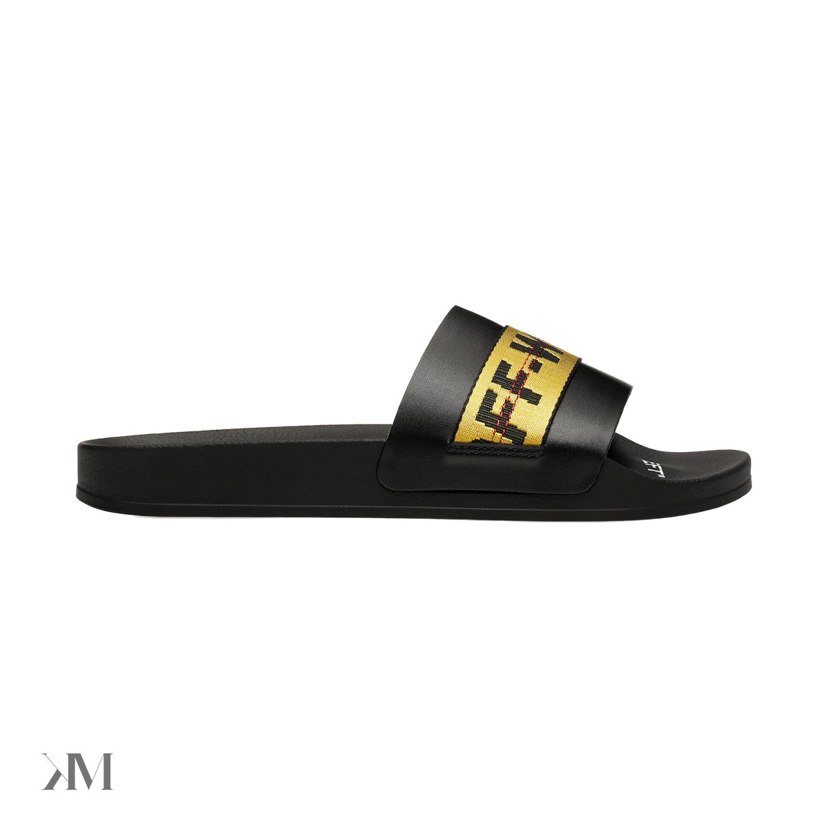 Off White Industrial Belt Slides Black Yellow, side profile