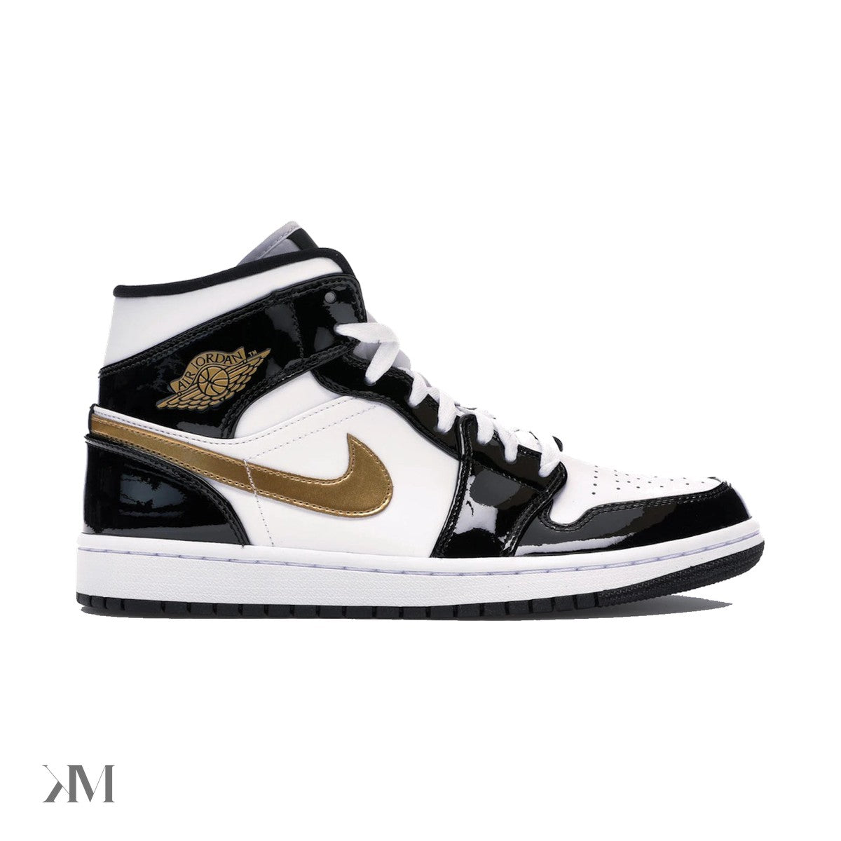 Jordan 1 Mid Patent Black White Gold, side profile