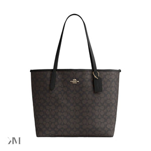 Women's Coach City Tote Bag In Signature Canvas Gold Walnut Black, front