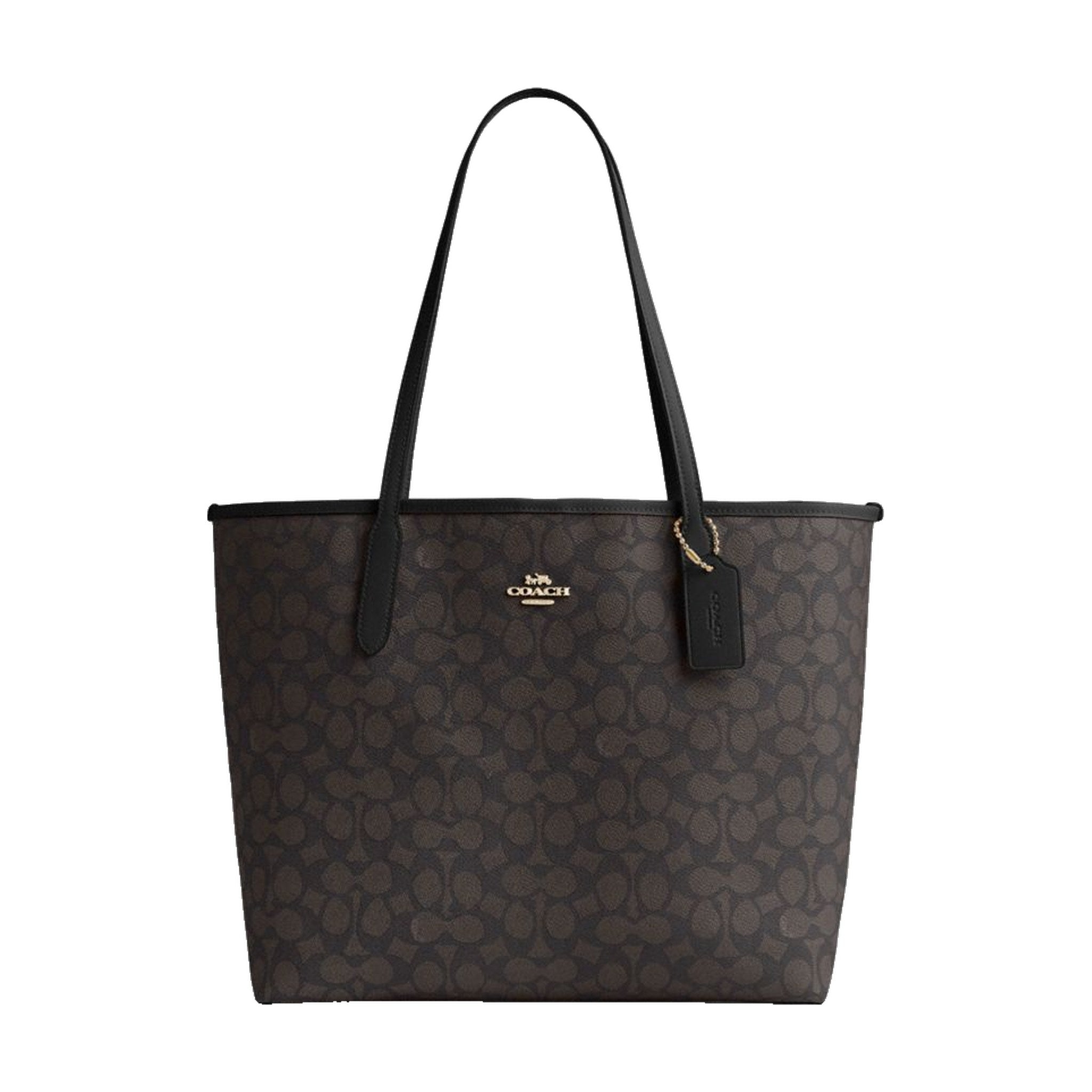 Coach City Tote Bag In Signature Canvas Gold Walnut Black