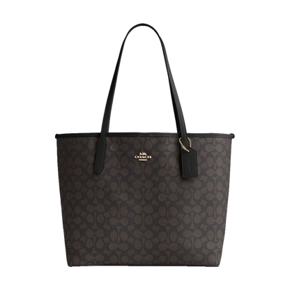Coach City Tote Bag In Signature Canvas Gold Walnut Black
