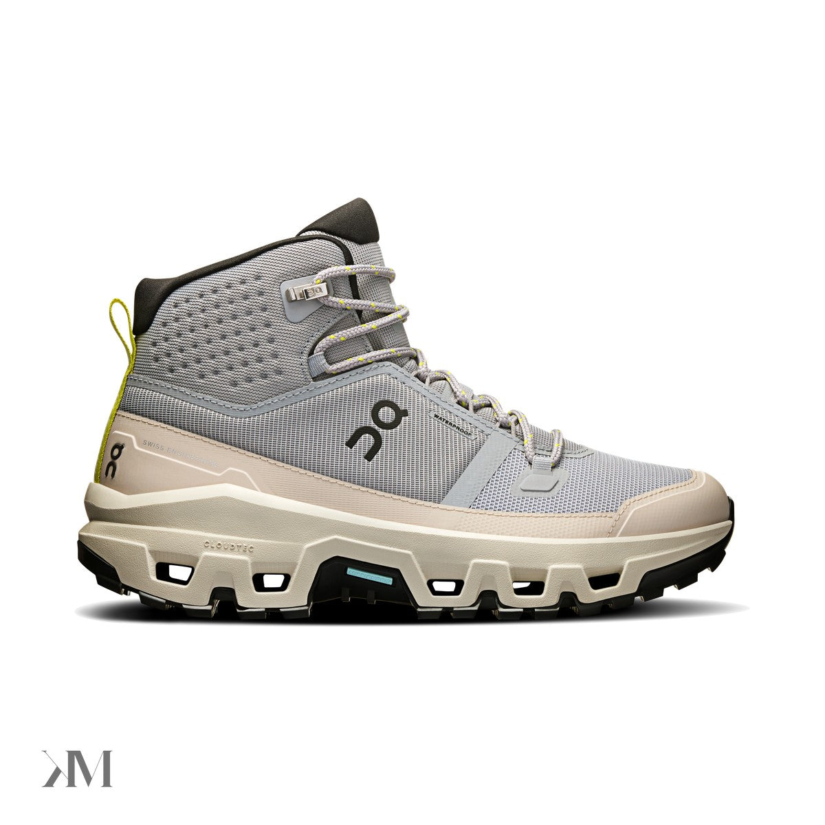 On Cloudrock Mid Waterproof Alloy Ice womens hiking boot side profile