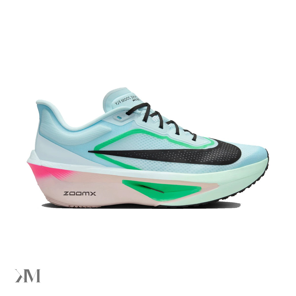 Nike Zoom Fly 6 in Glacier Ice, Hyper Pink, and Green Shock on black, side profile