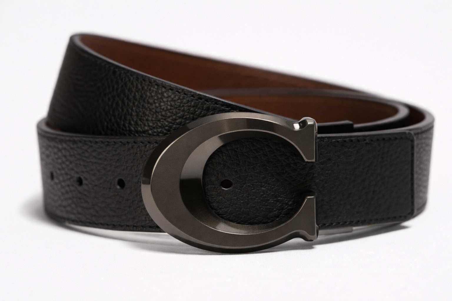 Coach Signature Buckle Cut To Size Reversible Belt, 38 Mm Gunmetal Black Dark Saddle