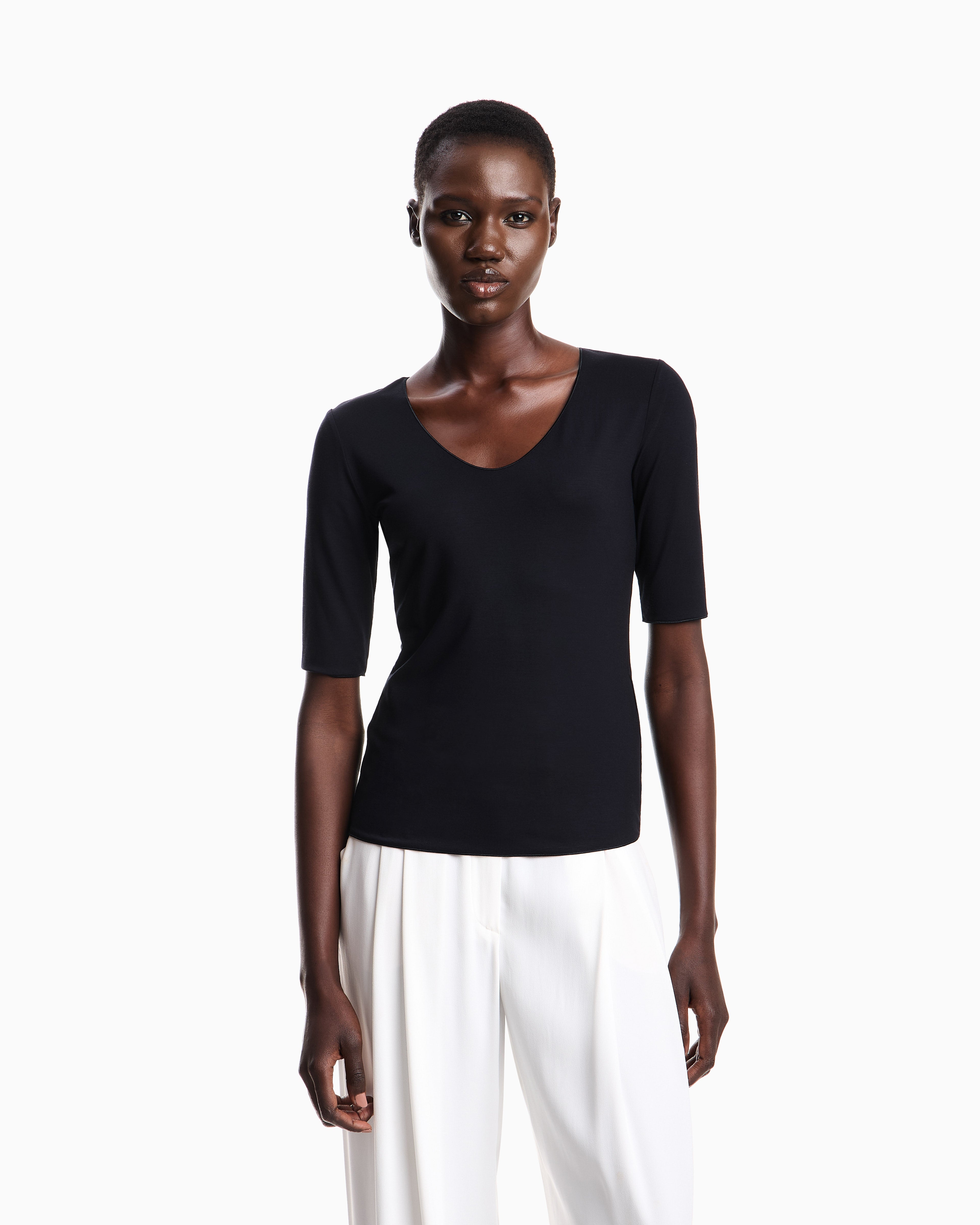 Emporio Armani Viscose stretch jersey V-neck jumper with three-quarter length sleeves