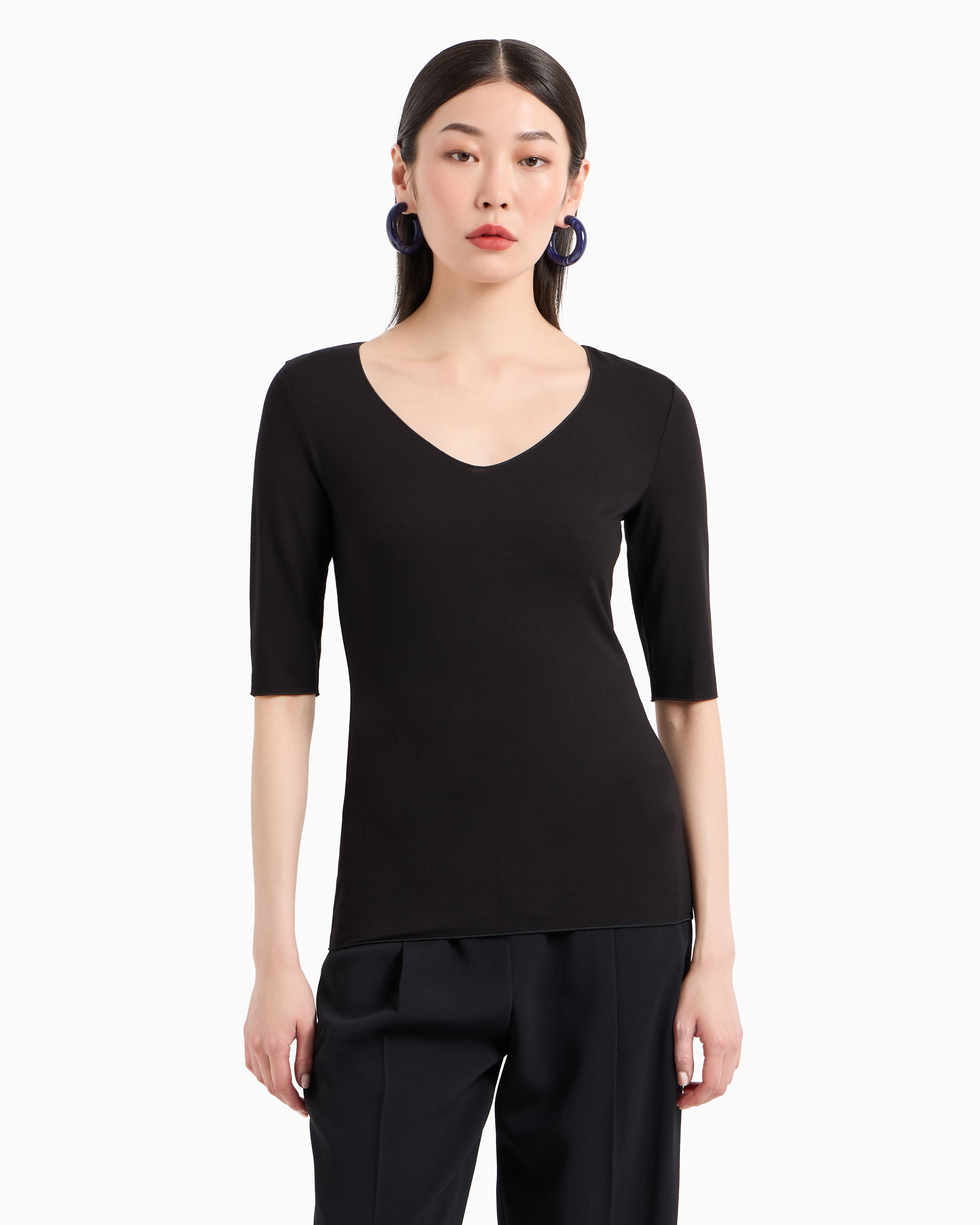 Emporio Armani Viscose stretch jersey V-neck jumper with three-quarter length sleeves