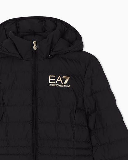 EA7 Padded jacket in technical fabric with a hood and zipper