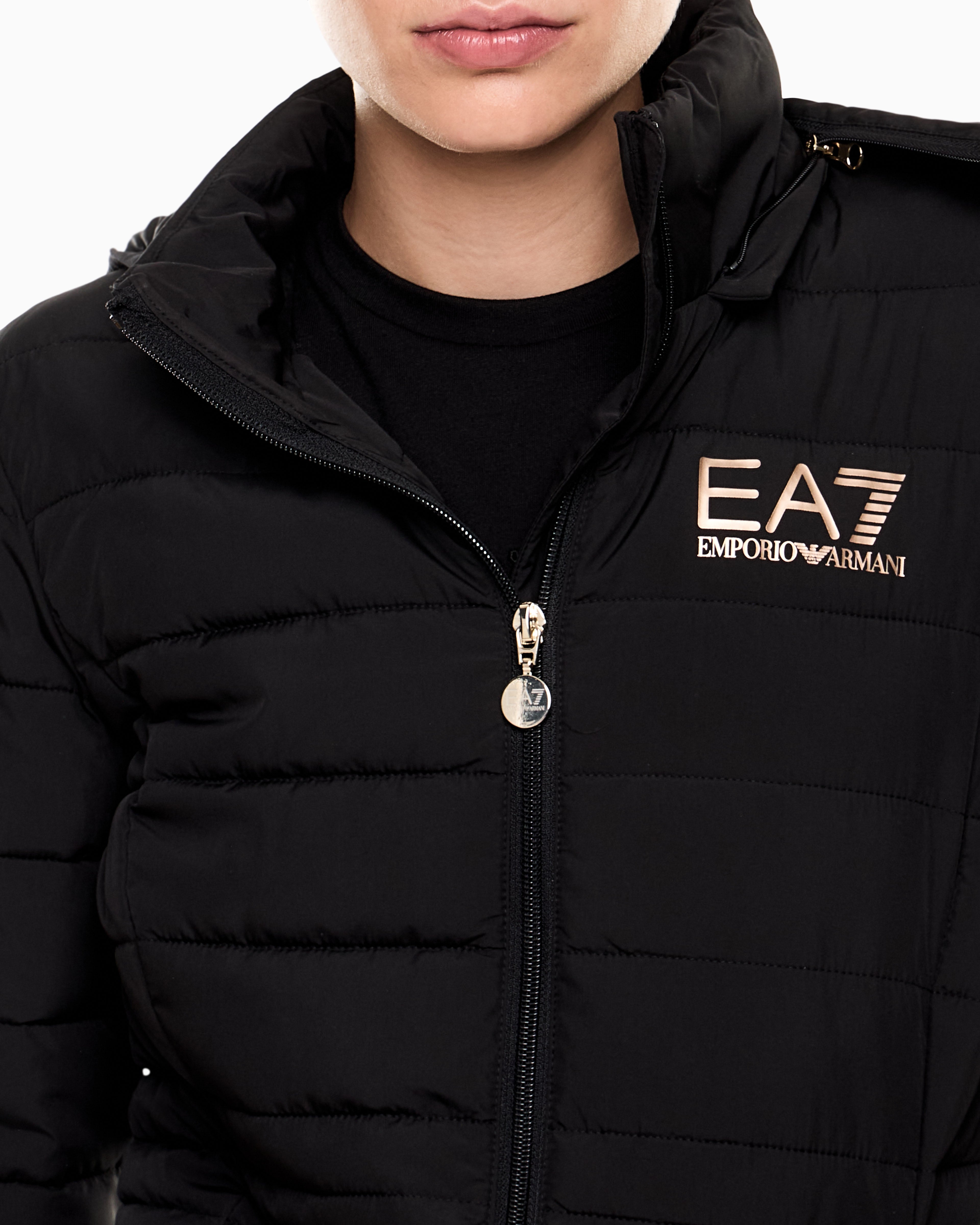 EA7 Padded jacket in technical fabric with a hood and zipper