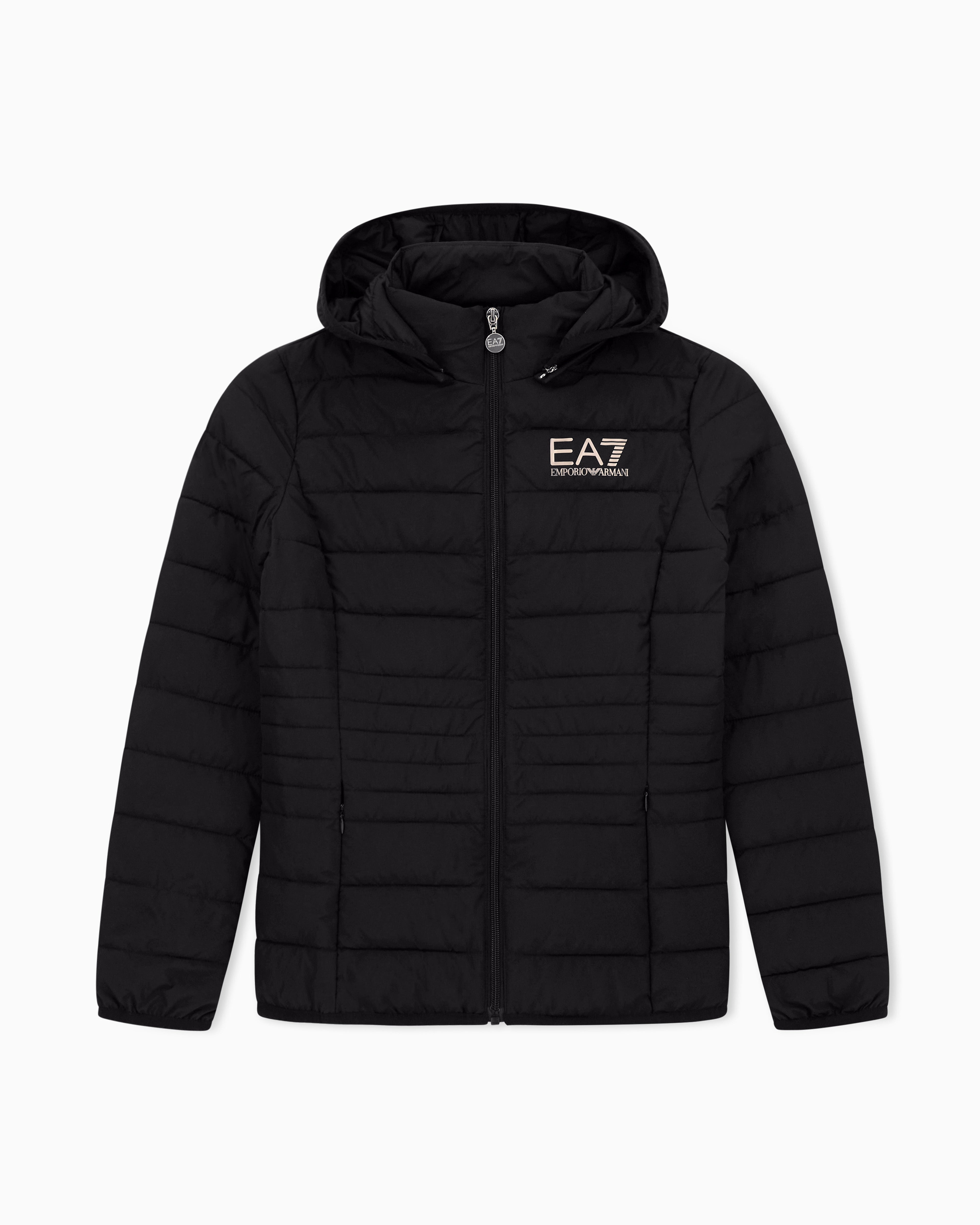 EA7 Padded jacket in technical fabric with a hood and zipper