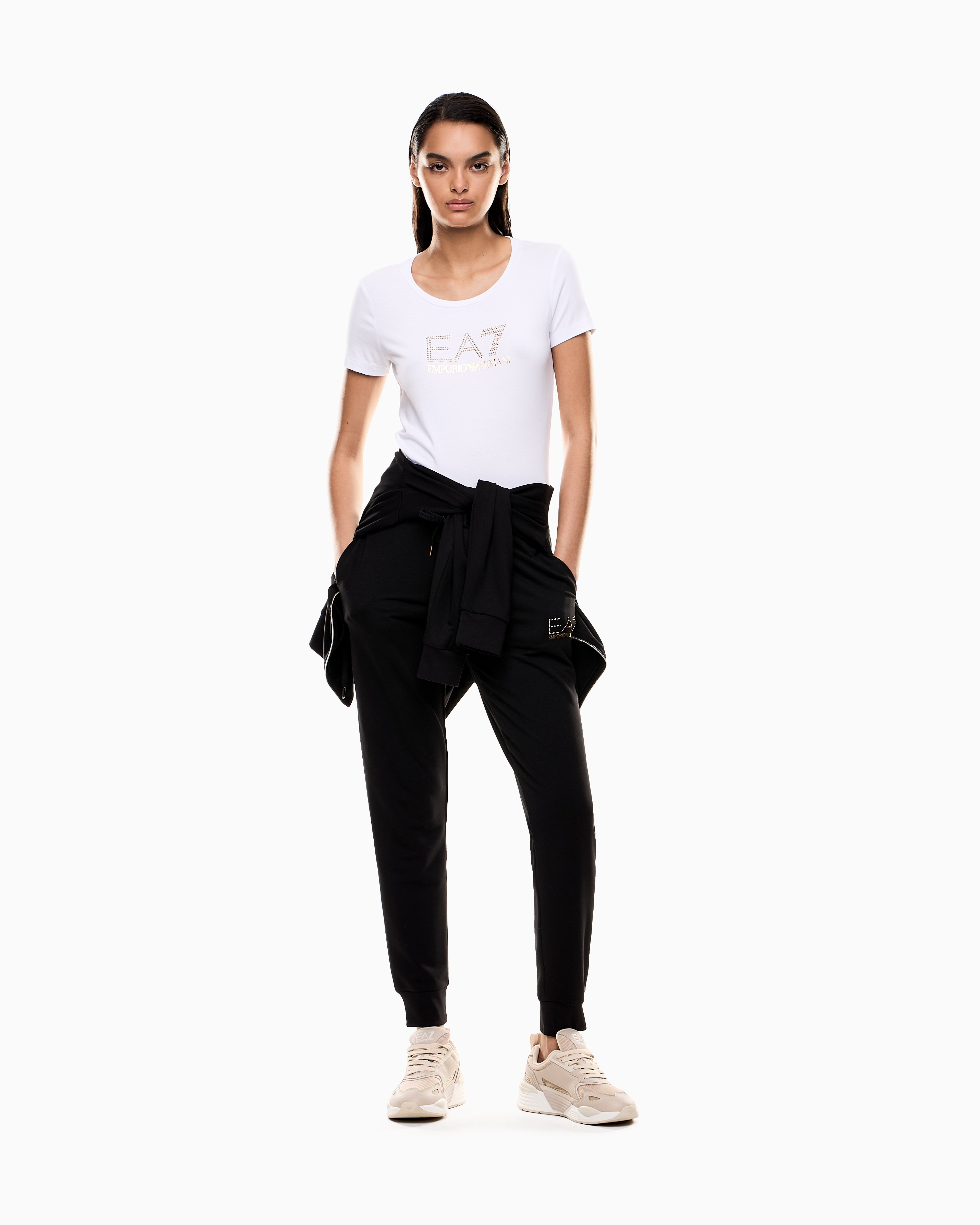 EA7 Stretch t-shirt in cotton with logo and studs Evolution
