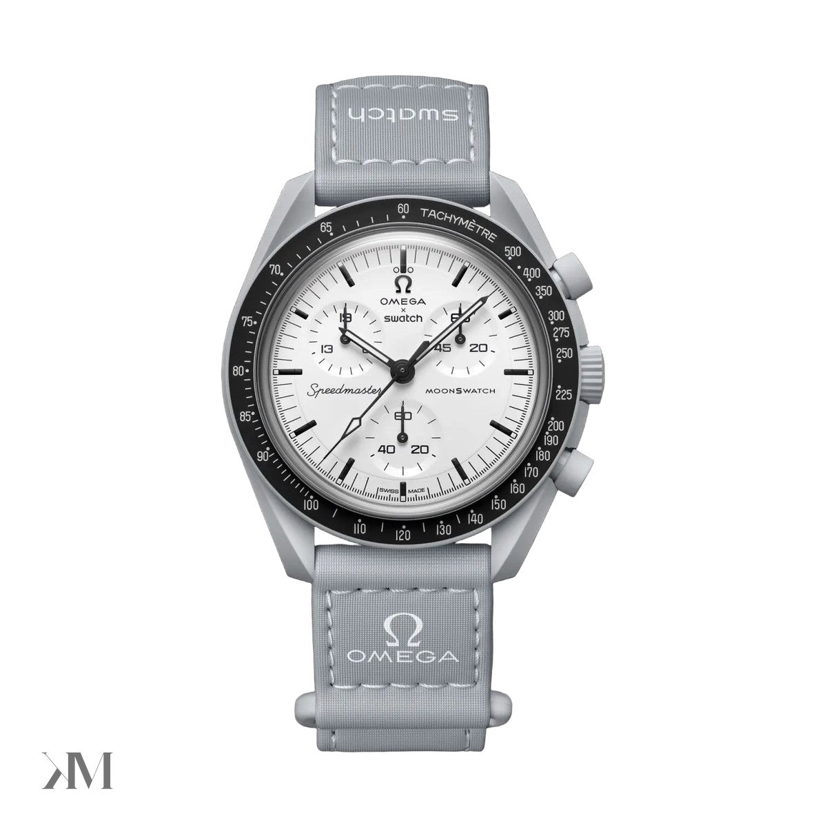 Swatch x Omega Bioceramic MoonSwatch 1965 SO33M106, gray Bioceramic case with white tachymeter dial and chronograph counters at 10 and 2 o'clock