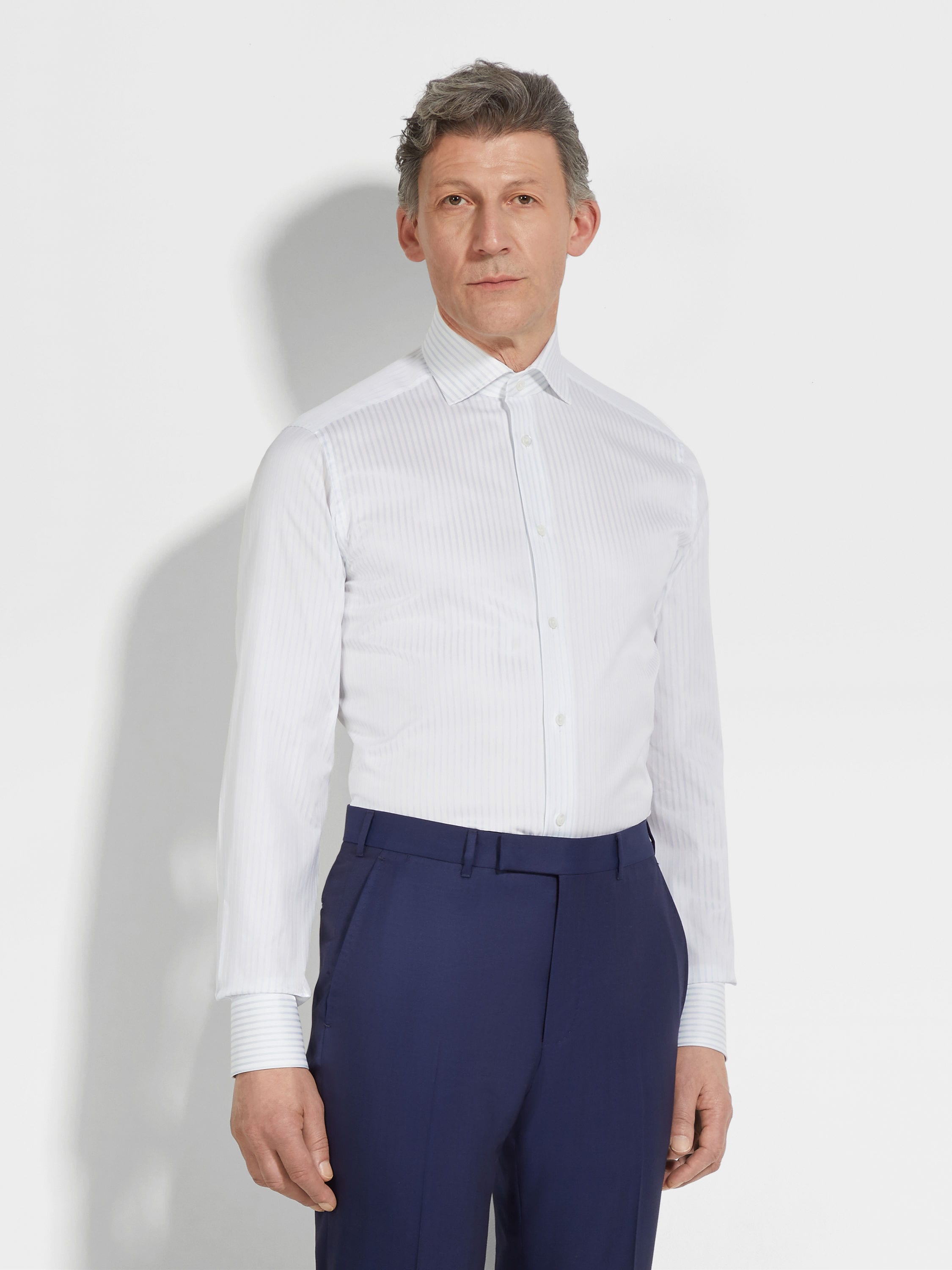 Zegna White And Light Grey Structured Striped Centoventimila Cotton Shirt