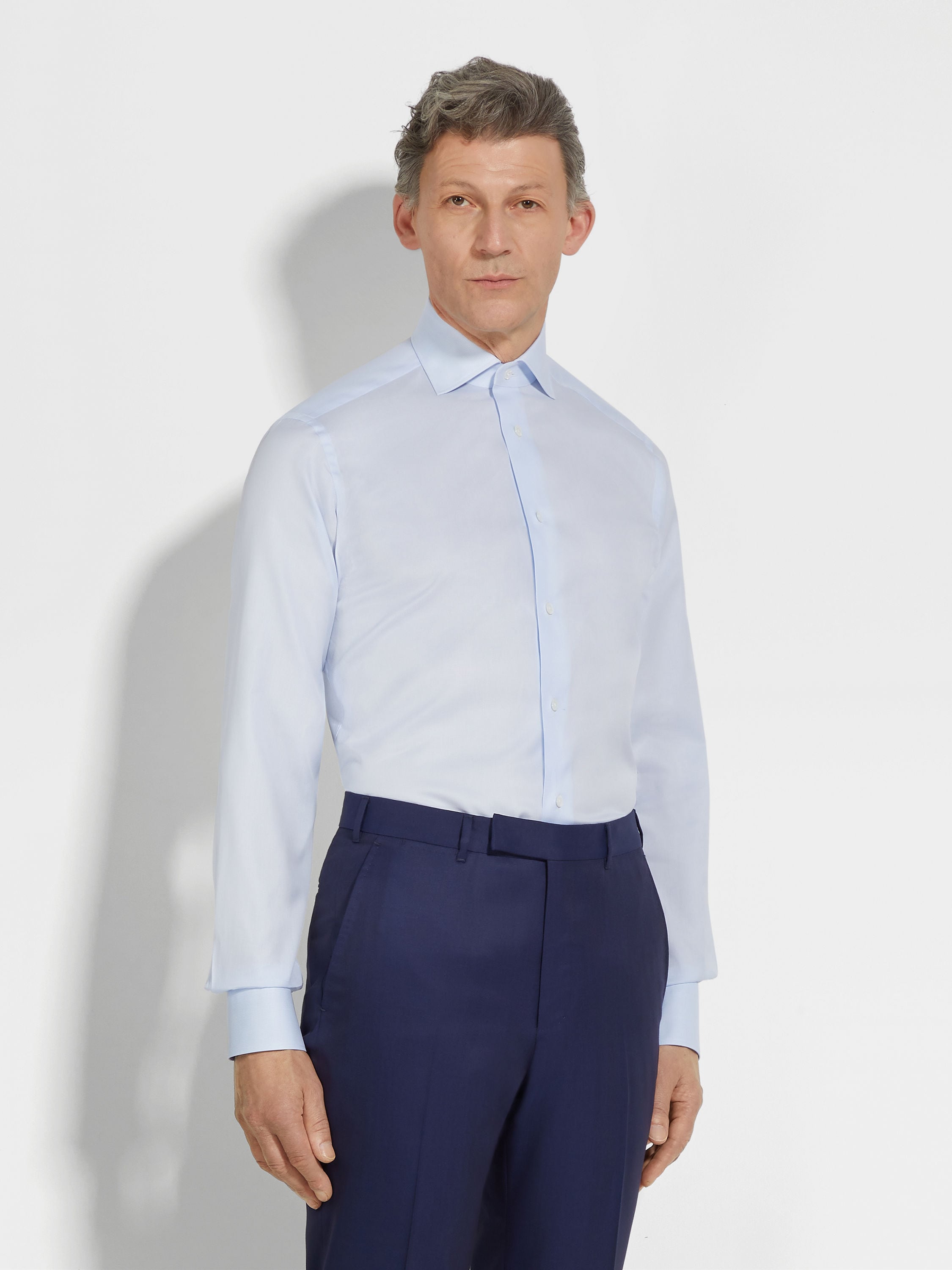 Zegna Light Blue And White Micro-Checked 300 Cotton Shirt