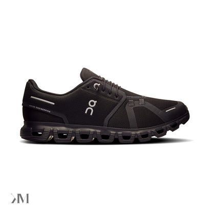 On Cloud 6 Black Black lateral view showing CloudTec outsole pods and mesh upper, India