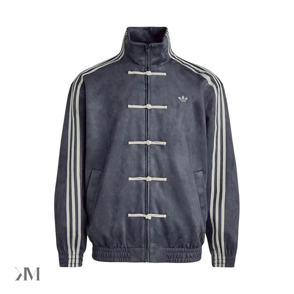 Adidas Originals CTT Chinese Track Top Casual Jacket in Dark Grey, front view showing Mandarin collar and three-stripe branding