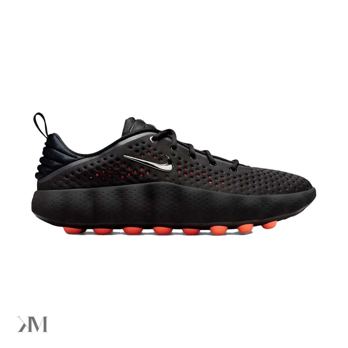 Nike Mind 002 Black Hyper Crimson lateral view showing 22-node foam sole and knit upper