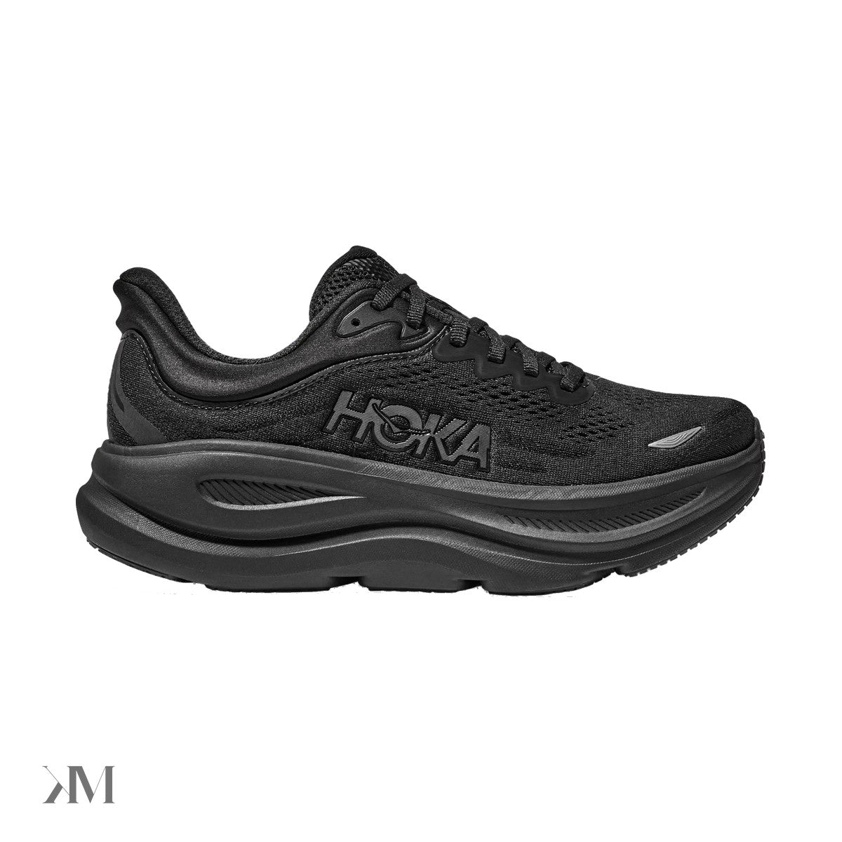 Hoka Bondi 9 Black Black lateral view showing max-stack midsole and knit upper, India