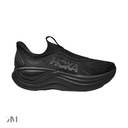 Hoka Skyward Laceless Black Black slip-on recovery shoe with thick midsole and Active Foot Frame, side view