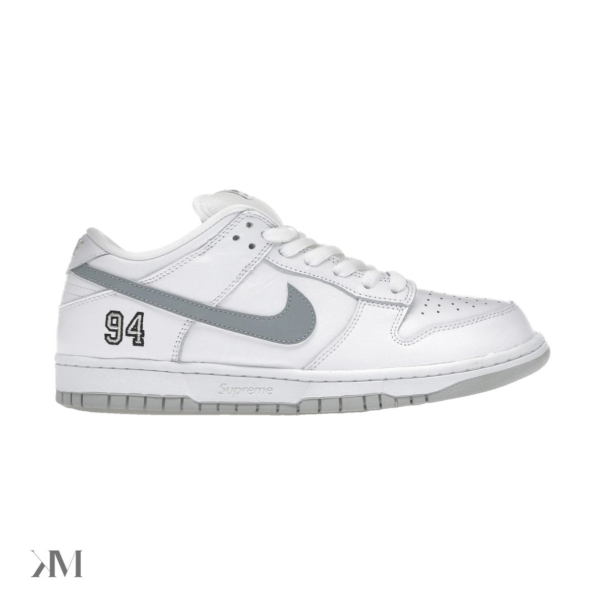 Nike SB Dunk Low Supreme 94 White Metallic Silver, side profile