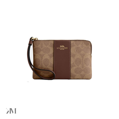 Coach Corner Zip Wristlet In Signature Canvas With Stripe Gold/Tan/Brown