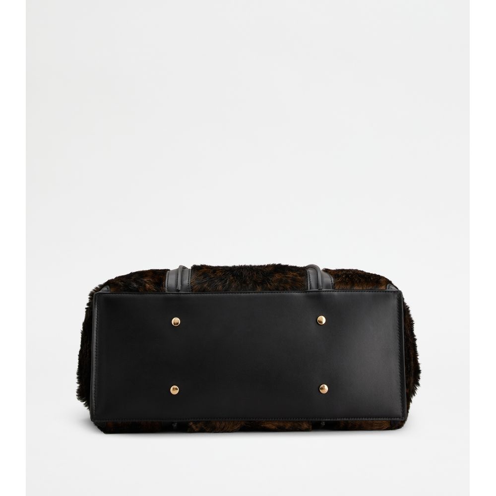 Tods T Timeless Shopping Bag In Pony Effect Leather Medium Black Brown