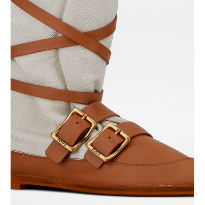 Tods Boots In Leather And Canvas Brown Womens