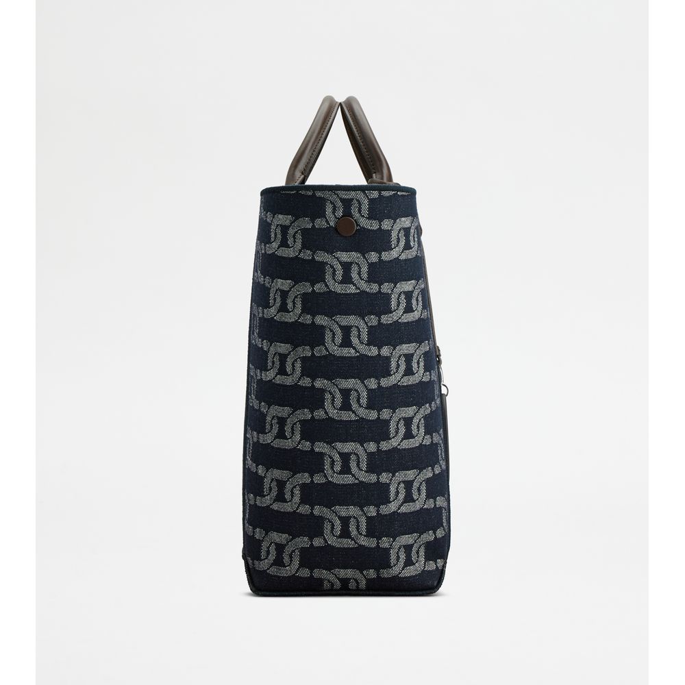 Tods Double Up Shopping Bag In Denim And Leather Medium Blue Brown