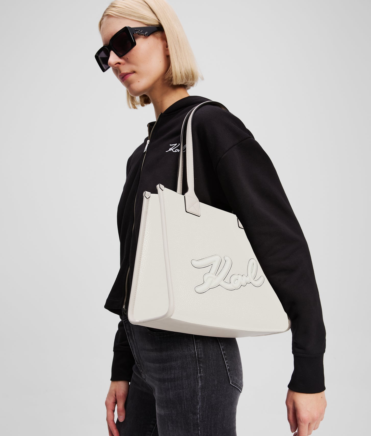 KarlLagerfeld Kskuare Grainy Medium Tote Bag Off White