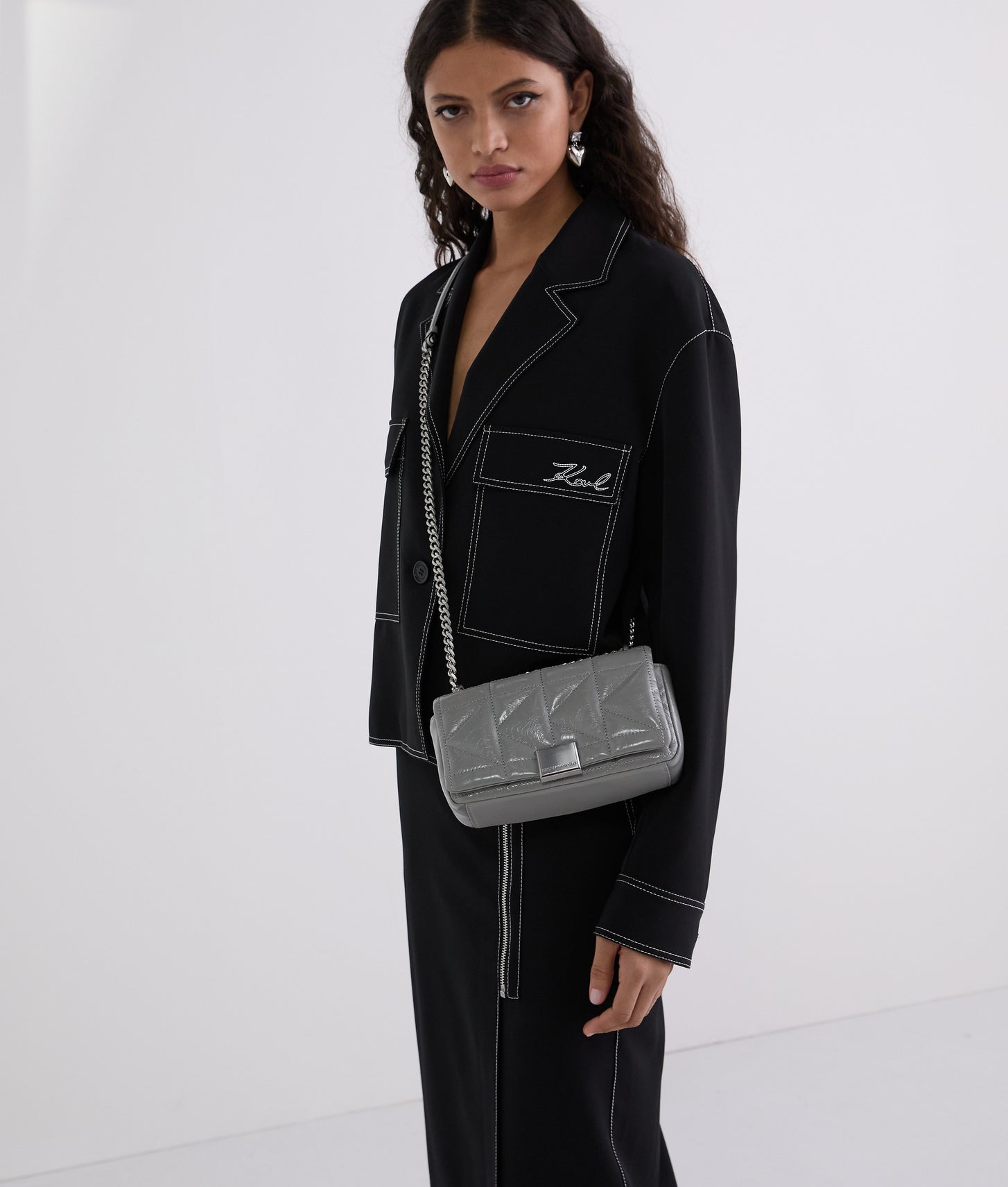 KarlLagerfeld Kkuilt Shiny Small Crossbody Bag Cloud Grey