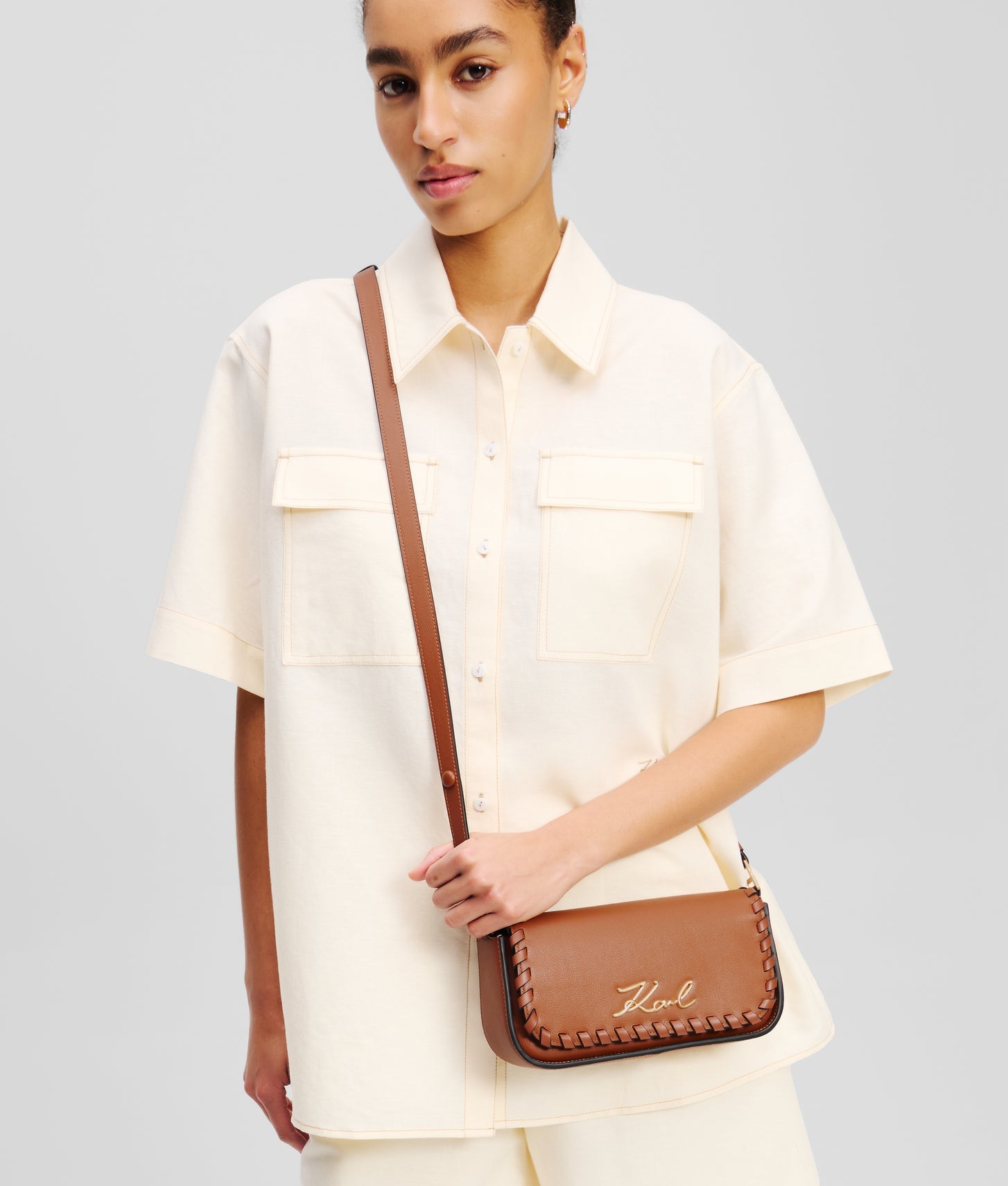 KarlLagerfeld Ksignature Whipstitch Crossbody Bag Dark Tan