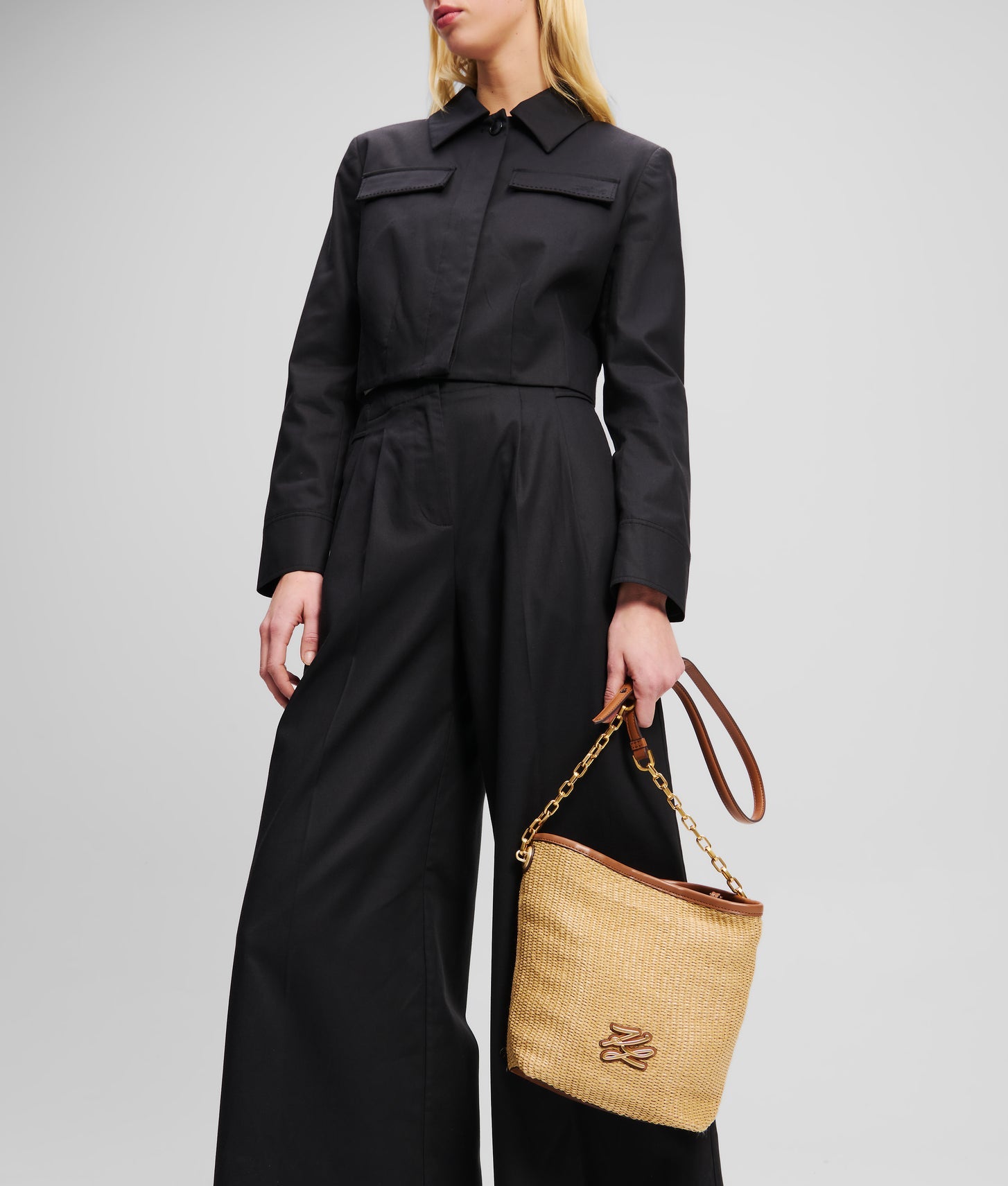 KarlLagerfeld Kautograph Woven Small Bucket Bag Natural-Tan