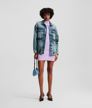 KarlLagerfeld Metal Logo Denim Shoulder Bag Bright Blue Marble