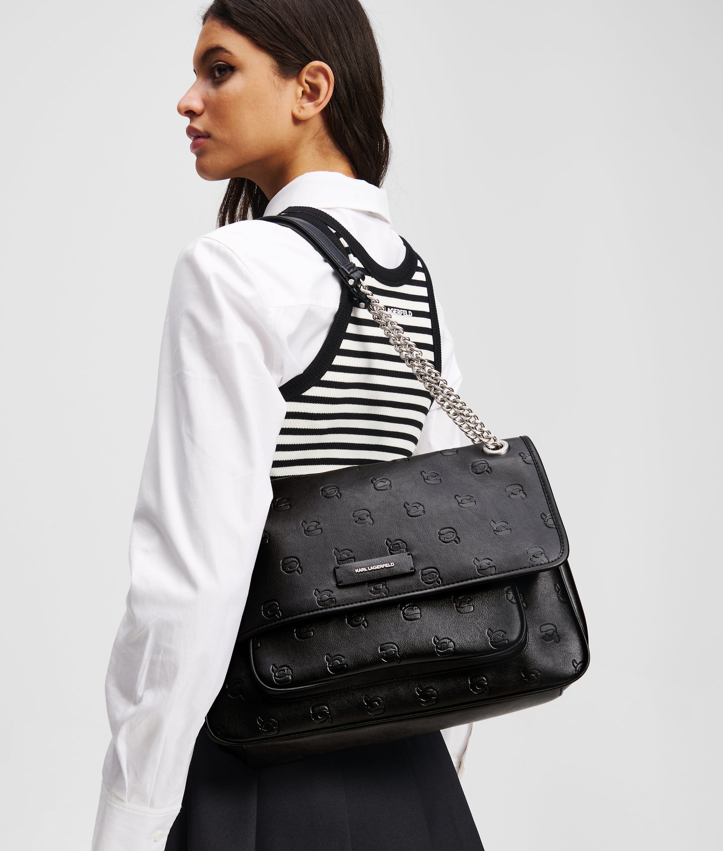 KarlLagerfeld Ikon Monogram Large Shoulder Bag All Over Print Tonal Black