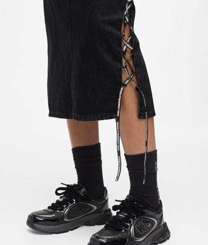 Karl Lagerfeld Lace-Up Midi Denim Skirt Stone Washed Black